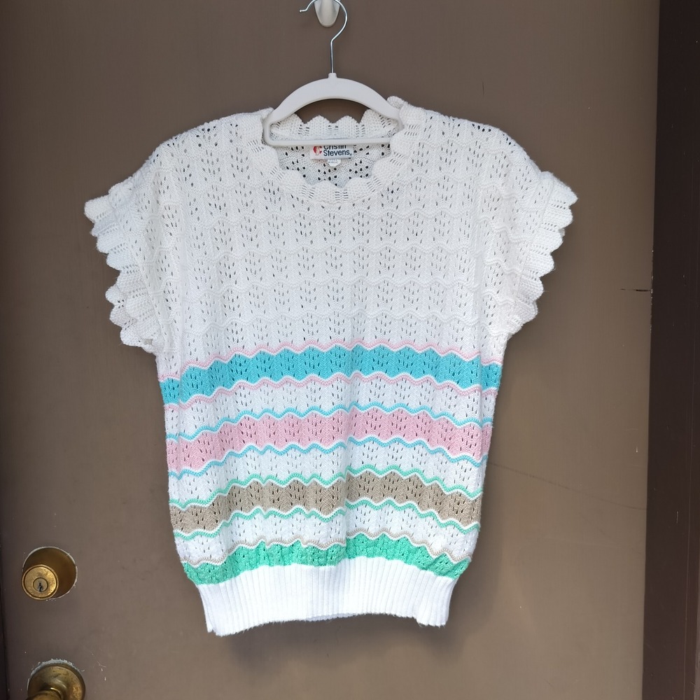 Vintage Cristin Stevens Knit Crochet Top Short Sleeve Pastel Stripe 80s‎
